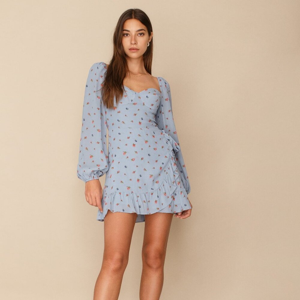 Reformation Blue Floral Cammi Dress Faux Wrap Long Sleeve Size 2